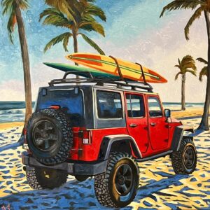 Red Jeep with Surf Board
